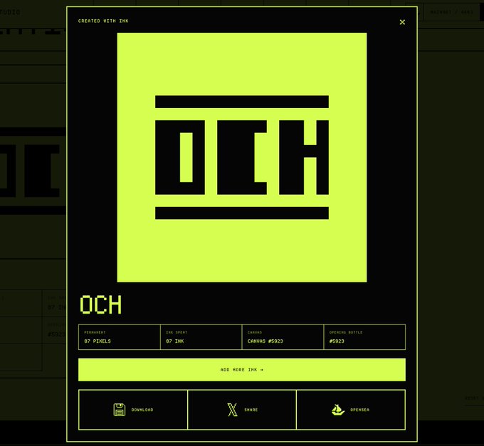 A digital display showing a neon yellow-green pixel art design of the text 'OCH' with statistics including 87 pixels, 87 ink, canvas #5823, and 1 ink used.