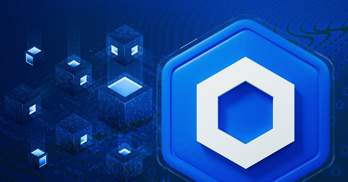 A large Chainlink (LINK) hexagonal logo dominates the right side of a blue tech-themed background featuring wireframe cubes and circuitry patterns, visually representing the blockchain network behind Standard Chartered's bold $200 price prediction for LINK by 2030—a potential 2,300% surge from current levels.