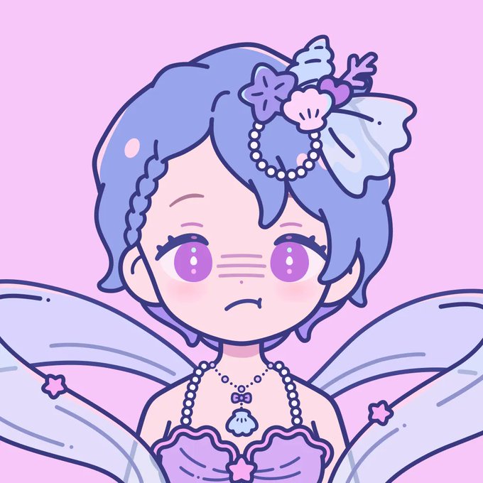 A cute anime-style chibi illustration of a character with blue and purple hair, adorned with seashells and pearls, wearing a purple seashell top and featuring translucent wings against a pink background.