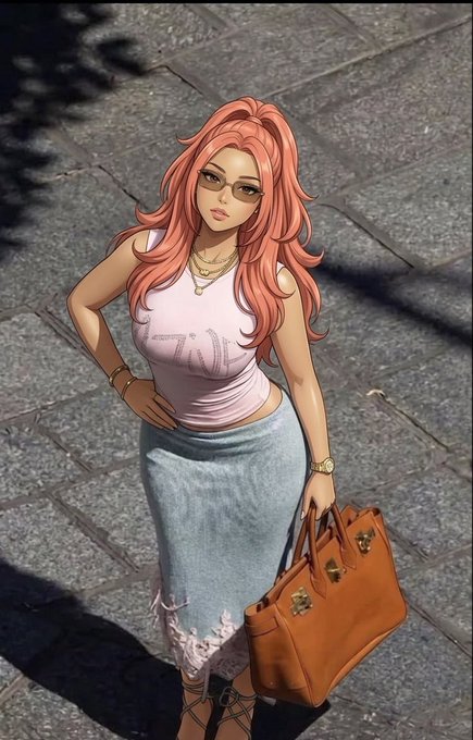 An illustrated style image of a stylish woman with pink hair, glasses, a white top, denim skirt, and carrying a brown Birkin-style handbag.