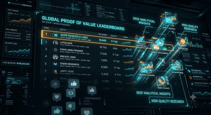 A futuristic digital dashboard titled 'GLOBAL PROOF OF VALUE LEADERBOARD' for Q3 2024, ranking entities like 'NEON RESEARCH LABS' (18,940) and 'LOTTAYDER' (18,740) with stats on PoV Score, Quality, and Tier, alongside holographic panels showing 'DEEP ANALYTICAL INSIGHTS' and 'HIGH QUALITY RESEARCH'.