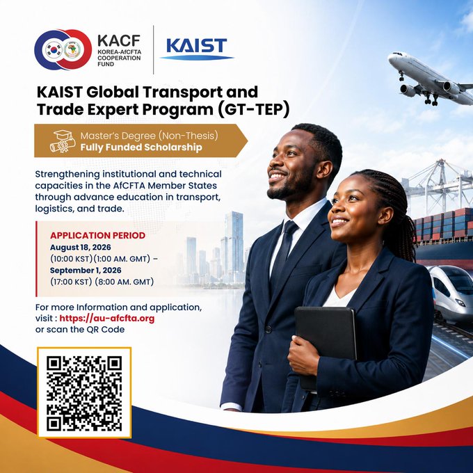 A promotional poster for the KAIST Global Transport and Trade Expert Program (GT-TEP), a fully funded Master's Degree (Non-Thesis) scholarship offered by KAIST in partnership with KACF (Korea-AfCFTA Cooperation Fund), with application period from August 18, 2026 to September 1, 2026.