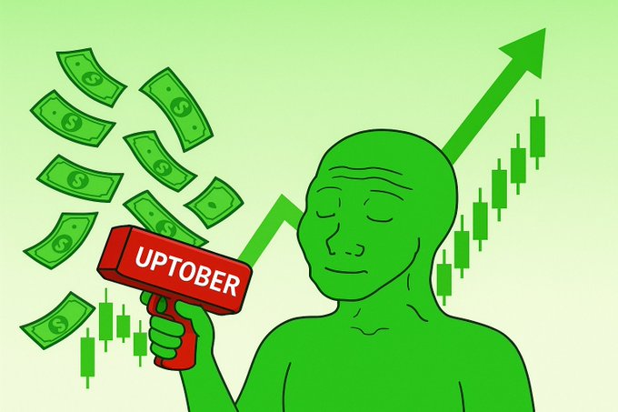 A meme-style illustration featuring a green figure holding a red gun labeled "UPTOBER" with falling money, an upward green arrow, and candlestick chart, suggesting a bullish crypto market.