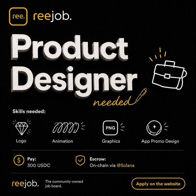 The image features a poster for a product designer job posted by ReeJob. The poster has a black background with white text, showcasing various design elements such as logos, illustrations, and graphics. It also includes a list of skills needed for the position, along with a description of what the job entails. The poster is designed to attract potential candidates who are interested in applying for the product designer role on ReeJob's website.