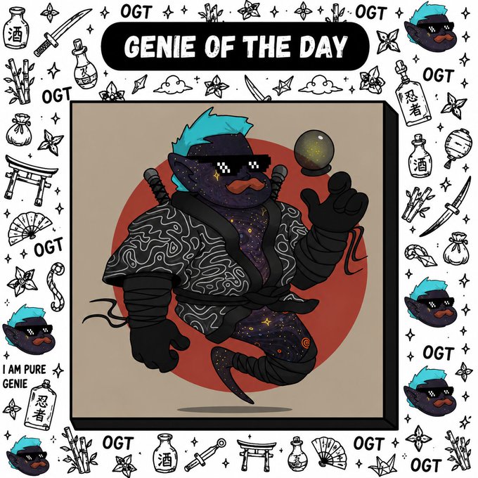 A stylized illustration titled 'GENIE OF THE DAY' features a cosmic, ninja-like genie holding a small orb, surrounded by Japanese-themed icons and the repeated text 'OGT' and 'I AM PURE GENIE'.