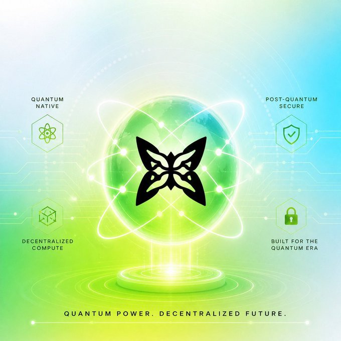A futuristic green and blue tech-themed graphic with a butterfly logo at the center, surrounded by features labeled 'Quantum Native,' 'Post-Quantum Secure,' 'Decentralized Compute,' and 'Built for the Quantum Era,' with the tagline "Quantum Power. Decentralized Future."