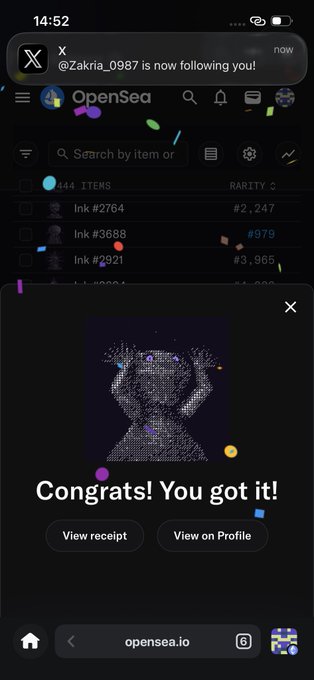 A mobile screenshot of OpenSea showing a "Congrats! You got it!" notification for an NFT purchase with confetti effects.
