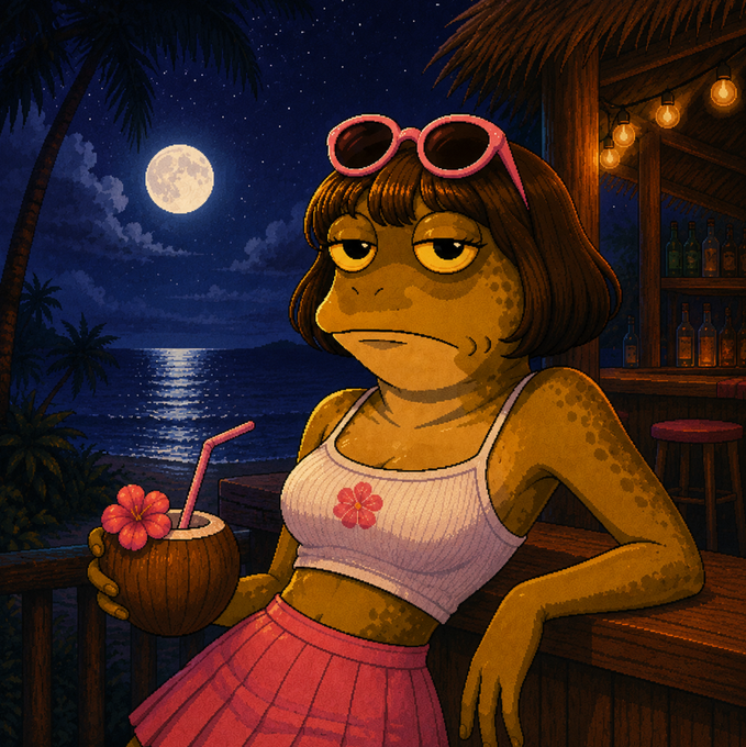 An illustrated cartoon of a green frog-like woman in a white crop top and pink skirt, wearing pink sunglasses on her head and holding a coconut drink with a hibiscus flower, at a tropical beach bar at night under a full moon.