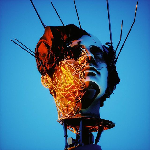 A striking sculpture of a fragmented classical head with neon orange geometric lighting emerging from within, set against a deep blue twilight sky with spiky rods extending outward.