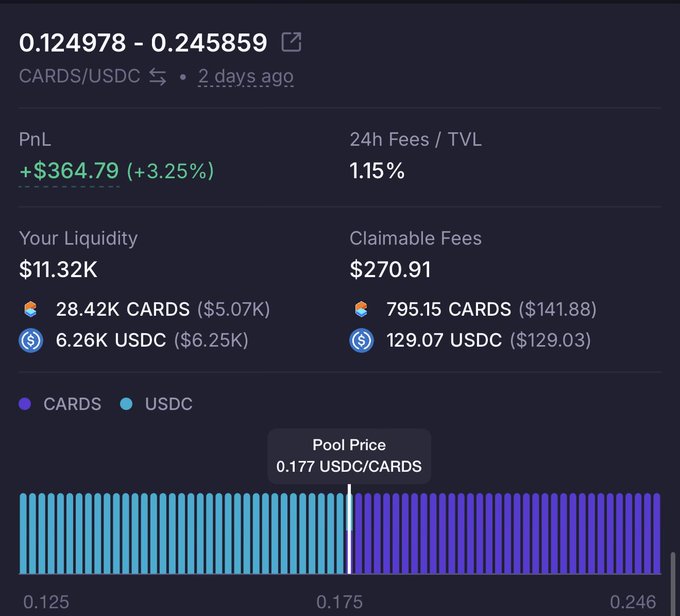 The image shows a screen displaying information related to trading cards, specifically on a trading card platform. The screen displays two columns containing information about the value of different types of trading cards. One column shows the price per card, while the other column displays the number of cards available for purchase. In addition, the image provides some context or background about the trading card platform by mentioning its connection to a cryptocurrency called CardChain.