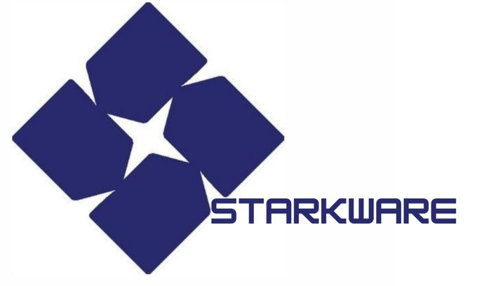 The image displays the StarkWare logo, featuring a dark blue geometric design composed of four square shapes arranged in a pinwheel pattern with a white star at the center, alongside the text "STARKWARE" in bold blue lettering. This logo relates to the post by visually representing StarkWare, the company that successfully mined a quantum-safe transaction on the Bitcoin mainnet, marking a significant milestone toward future-proofing the Bitcoin network against quantum computing threats.