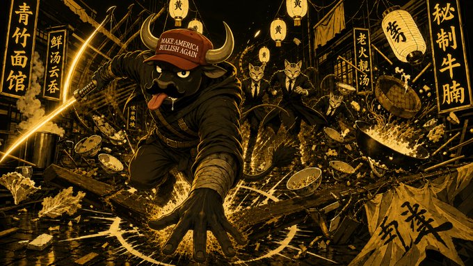 A dynamic, golden-toned illustration features a horned bull-like mascot wearing a "Make America Bullish Again" red cap leading a pack of suited cat and dog figures through a chaotic Asian street market filled with lanterns and Chinese signage (青竹面馆, 鲜汤云吞, 老火靓汤, 秘制牛腩, 蟑). The bullish imagery ties directly to the "Make America Bullish Again" cap, symbolizing market optimism and rallying momentum — fitting the post's promise of a quick giveaway win to encourage follower engagement.