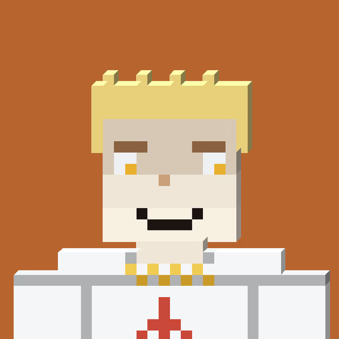 A pixel art style illustration of a character with blonde hair and yellow eyes wearing a white shirt with a red symbol, set against a solid orange background.