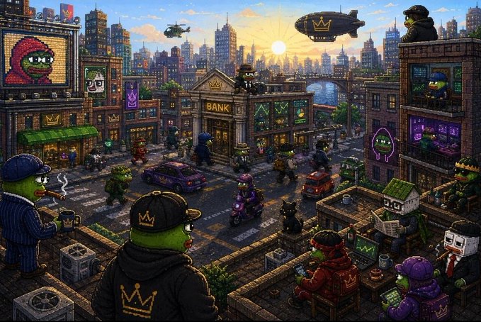 A detailed pixel-art illustration depicts a bustling cityscape populated by green bear-like figures wearing crowns, featuring a 'BANK' building, a blimp with a crown logo, and characters going about daily life.