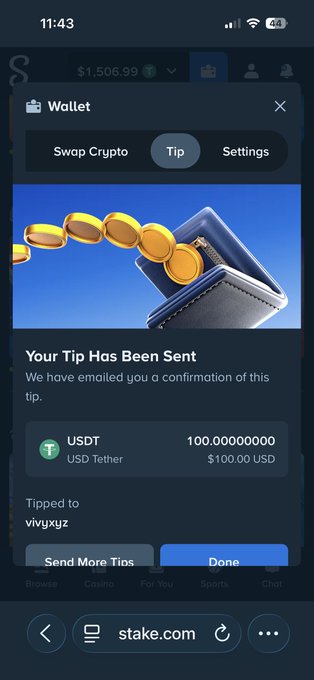 A confirmation screen on Stake.com shows a successful tip of 100 USDT ($100 USD) sent to user "vivyxyz", aligning with the "$100 gw winner" post by celebrating the recipient as a giveaway winner. The wallet interface displays the transaction details with options to "Send More Tips" or mark "Done."