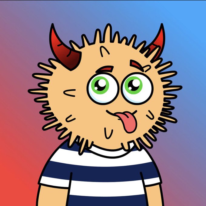 A cartoon illustration of a fluffy orange-haired monster character with red horns, big green eyes, sticking out its tongue, wearing a striped shirt.