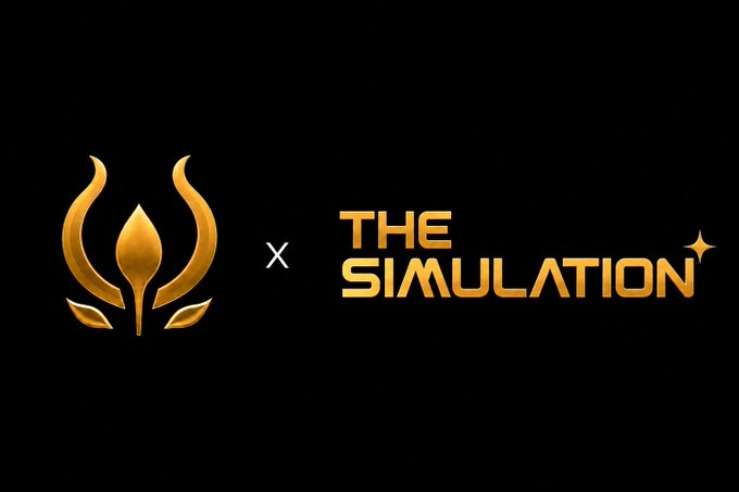 Black promotional banner featuring two golden logos separated by an 'X': a stylized trident-like emblem on the left and 'THE SIMULATION' in bold text with a sparkle on the right.