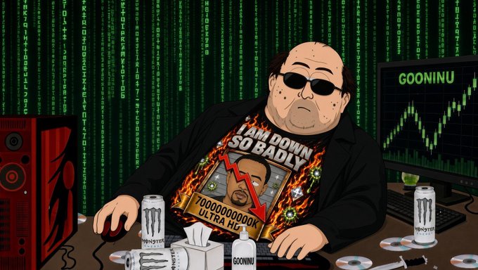 A cartoon illustration of a balding man with sunglasses wearing an 'I AM DOWN SO BADLY' shirt, sitting at a desk with a 'GOONINU' stock chart on a monitor showing a rising green line, surrounded by Monster Energy cans and pills.
