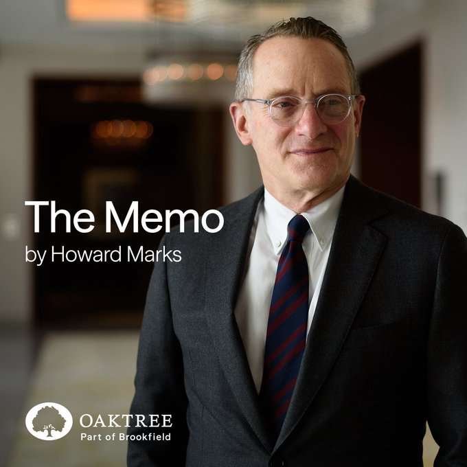 The image features Howard Marks in a dark suit, white shirt, and striped navy tie, with text reading "The Memo by Howard Marks" alongside the Oaktree (Part of Brookfield) logo. This branding identifies the image as the cover or promotional graphic for Marks's latest investor memo, "What should we buy?"—a piece referenced in the accompanying commentary about Druckenmiller-style thinking on Treasury buybacks and long-term bond dynamics.