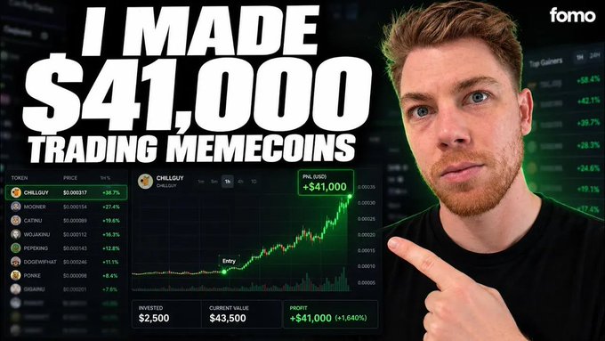 A man with reddish-brown hair and beard points toward a crypto trading interface displaying his $41,000 profit from trading the "CHILLGUY" memecoin (Pnl $40,650, invested $2,500, +1,640%), aligning with the video's strategy of identifying memecoins before they pump.