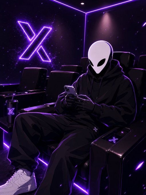 An alien figure dressed in black sitting in a neon-lit theater seat using a smartphone, with a large purple 'X' logo glowing on the wall behind.