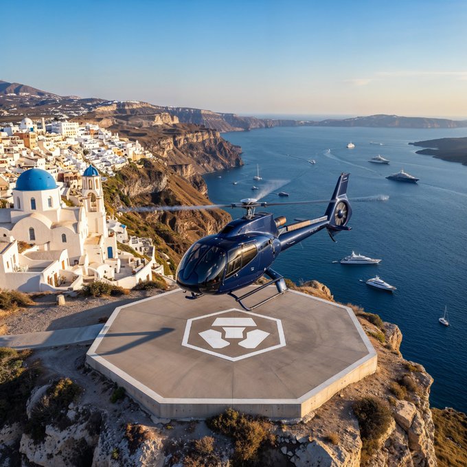 A dark blue helicopter hovers above a hexagonal helipad marked with a stylized logo, overlooking the iconic white-washed, blue-domed village of Santorini and the deep blue Aegean Sea dotted with luxury yachts. The image pairs with the tagline "Your funds have a safe place to land," using the imagery of a secure, high-end landing pad to convey financial stability and security.