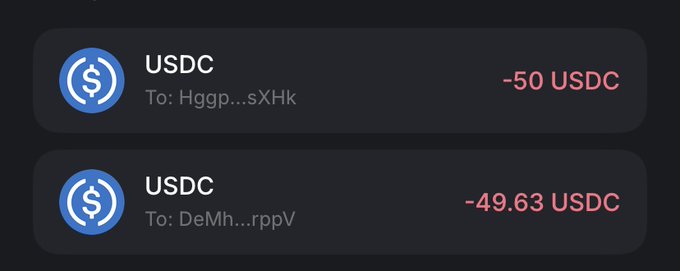 The image shows two USDC transactions confirming the payout: -50 USDC sent to address Hggp...sXHk and -49.63 USDC sent to DeMh...rppV, totaling $99.63, which serves as proof of the $100 giveaway payout to the winners.
