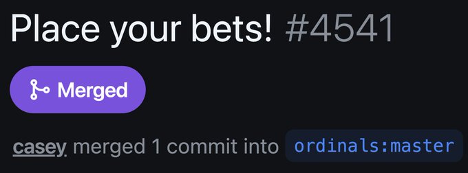 The image shows a GitHub pull request titled "Place your bets! #4541" that was merged by casey into the ordinals:master branch, indicating new betting functionality has been added to the Ordinals protocol. This relates to the post by showing the actual code merge that enables permissionless memecoin gambling on Bitcoin, as Turbo Runes have now gone live on the Ordinals platform.