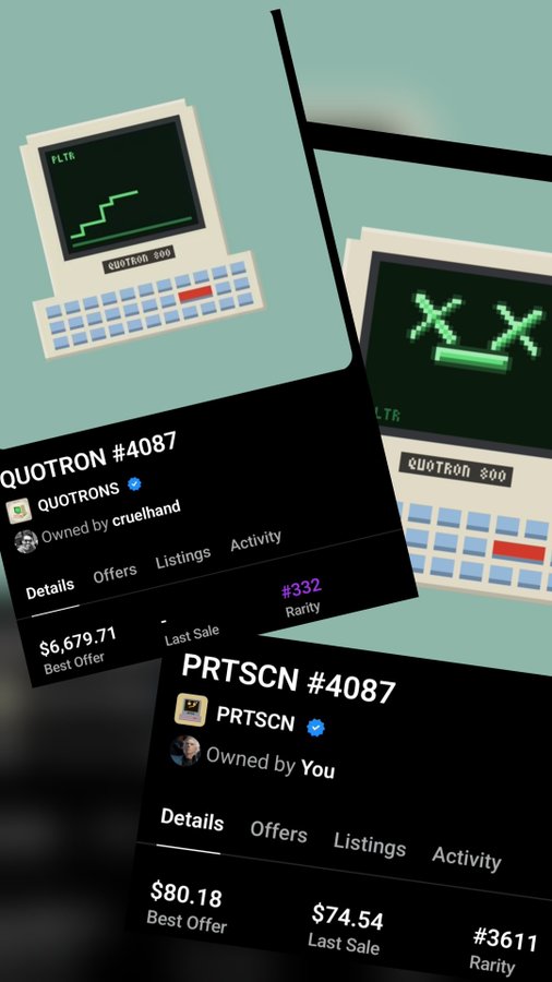 The image shows screenshots from NFT marketplaces displaying a QUOTRON #4087 with a best offer of $6,679.71 and rarity #332, alongside a PRTSCN #4087 with a best offer of $80.18 and rarity #3611, both owned by "You." The image reflects a surprised reaction ("Woah") likely due to the stark price difference between two similarly-numbered but vastly differently-valued NFTs in the collection.