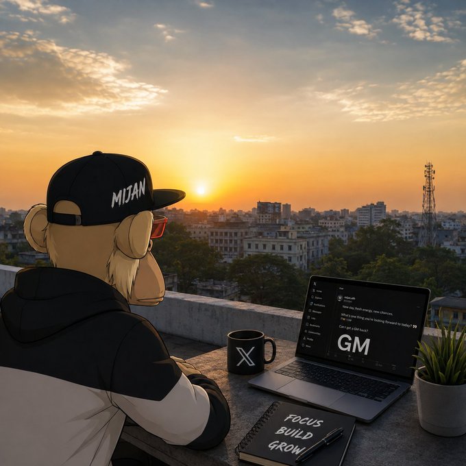 An illustration of a monkey character wearing a 'MIJAN' cap and red sunglasses, sitting at a rooftop desk with a laptop, mug with the X logo, and a notebook reading 'FOCUS BUILD GROW', watching the sunset over a city.