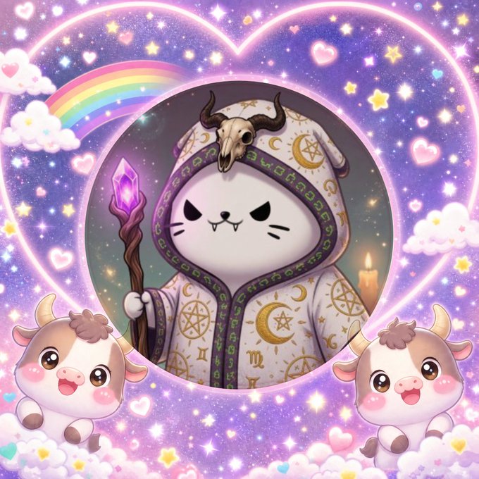 A cute cartoon cat dressed as a mystical hooded sorcerer with horns and a purple crystal staff, framed by a glowing pink heart, rainbow, and baby cows in a sparkly starry background, visually embodying the whimsical, magical optimism of the $JAMES meme movement.