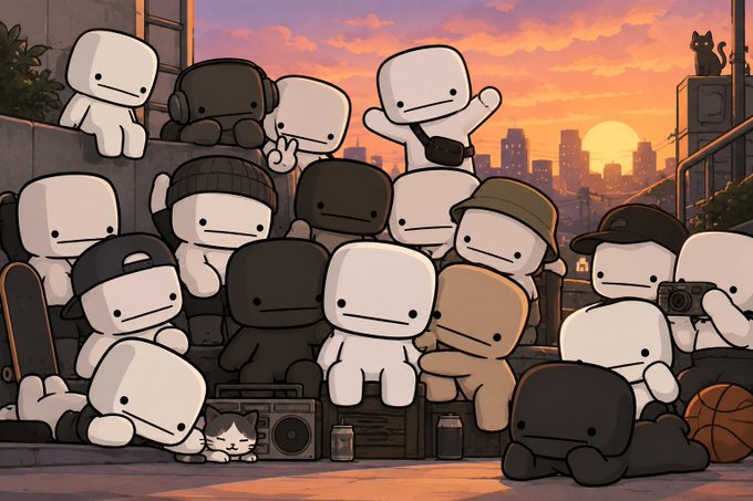A group of cute, minimalist block-headed characters—including white, black, and brown ones wearing various accessories like beanies, hats, and headphones—are gathered on a rooftop at sunset with a city skyline in the background. A small cat and basketball add to the relaxed community vibe, matching the post's message about the Blanko NFT collection hanging out with family and supporters, promoting their form link and OpenSea page with only 299 available.