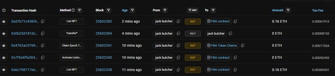 A blockchain transaction history screenshot showing recent activity from the wallet "jack butcher" with various FWA-related transactions, including deposits and claims of NFT checks with values of 0.16 ETH or 0 ETH and minimal transaction fees around 0.0006-0.0009 ETH, visually confirming the user's claim that @jackbutcher is engaging with the $FWA platform by depositing Checks.