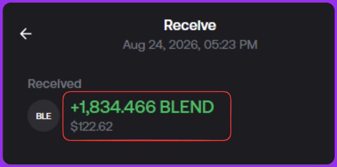 A cryptocurrency transaction receipt dated August 24, 2026 at 05:23 PM showing a received amount of +1,834.466 BLEND tokens valued at $122.62, highlighted with a red border.