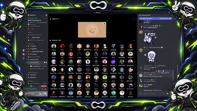 A computer screen displays a Discord-style community call interface with multiple participant avatars, framed by a green and black themed overlay featuring cartoon characters and an 'LFG!' graphic.