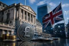 A financial-themed image showing the Bank of England building with a British Union Jack flag, alongside stacks of gold coins and a silver pound sterling coin.