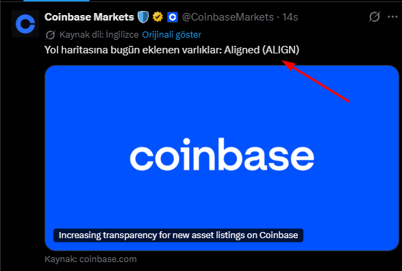 A screenshot of a Coinbase Markets tweet announcing the addition of Aligned (ALIGN) to their roadmap, which relates to the post's discussion of the $ALIGN token being listed on Coinbase after a long wait.