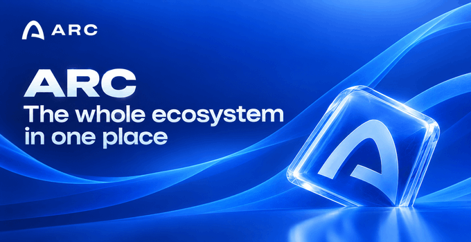 A promotional banner for Arc blockchain features the "ARC" logo and tagline "The whole ecosystem in one place" against a blue gradient background with a glowing transparent cube displaying the Arc emblem. The image visually reinforces the accompanying post's message about Arc's mainnet launch and its curated ecosystem of infrastructure projects spanning launchpads, exchanges, and stablecoins.