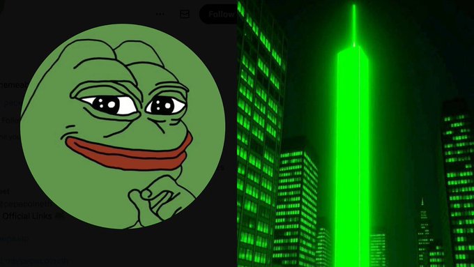 A split image showing the Pepe the Frog meme on the left and a green-lit skyscraper (resembling the Empire State Building) on the right, with a dark interface background.