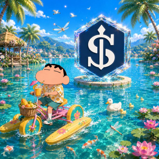 A cartoon boy rides a colorful tricycle on a serene lake, sipping juice, with a large "S" dollar-sign logo floating behind him as koi, ducklings, and lotus flowers surround the scene. The image playfully ties to the @EthraShip Contribution Campaign by blending a whimsical mascot with the stylized "S" emblem that suggests Sygnum's role in tokenizing real-world assets and engaging community participation.