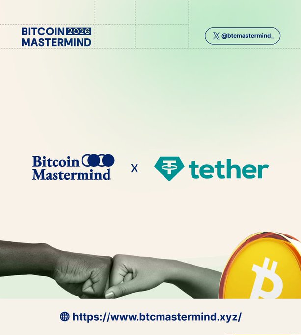 The image features a poster for Bitcoin Mastermind, which is an online event where Bitcoin enthusiasts can learn about Bitcoin technology and its potential applications. The poster includes two hands holding a yellow Bitcoin token against a white background, symbolizing the connection between Bitcoin and Tether. The text on the poster reads "Bitcoin Mastermind" and "Tether", indicating that this event is focused on Bitcoin and Tether.
