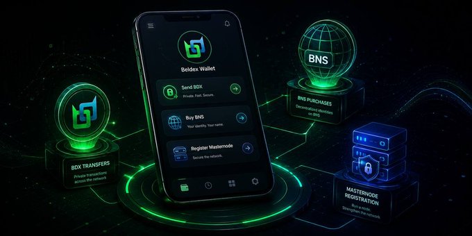 A promotional graphic for Beldex Wallet showing a smartphone with features like Send BDX, Buy BNS, and Register Masternode, alongside BNS Purchases and Masternode Registration icons.