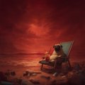 A small, dark image depicting a figure sitting at a piano on a barren landscape under a red sky.