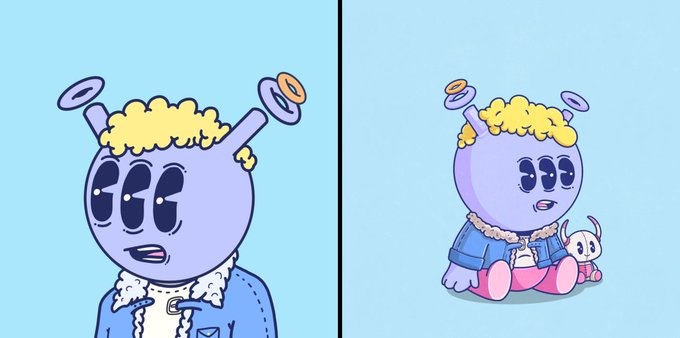 Two cartoon illustrations of a purple alien-like character with yellow curly hair and halo-like antennae, wearing a denim jacket with a fur collar, alongside a small white companion creature.