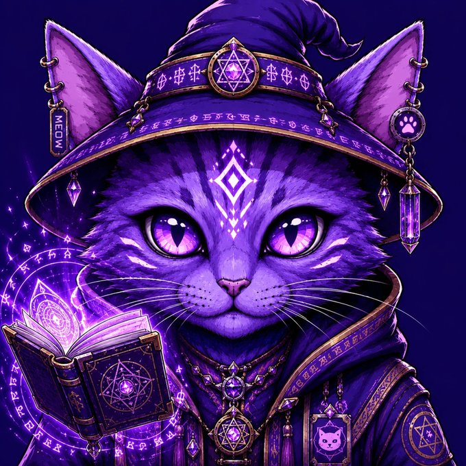 A digital illustration of a purple cat wearing a witch hat and robes, holding a magical glowing book, with a 'MEOW' tag hanging from one ear.