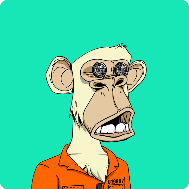 A cartoon Bored Ape NFT character in an orange prison jumpsuit with the number 019807, featuring spiral eyes and an open mouth.