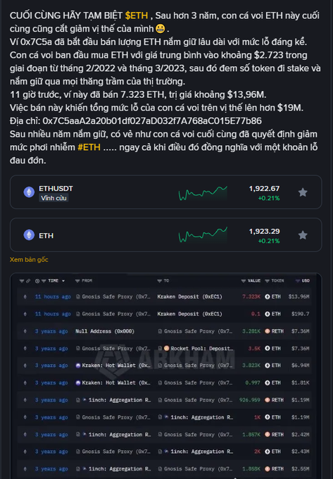 The image shows a Vietnamese-language social media post discussing an Ethereum (ETH) holder who sold 7,323 ETH (worth ~$13.96M) after staking for over three years, with an average buy-in of ~$2,723. The screenshot displays ETH price charts at $1,922.67-$1,923.29 (+0.21%), transaction details showing deposits from Gnosis Safe Proxy, Kraken, 1inch Aggregation Router, and Rocket Pool from 11 hours to 3 years ago, and notes the seller will face a large capital gains tax bill due to the long holding period.