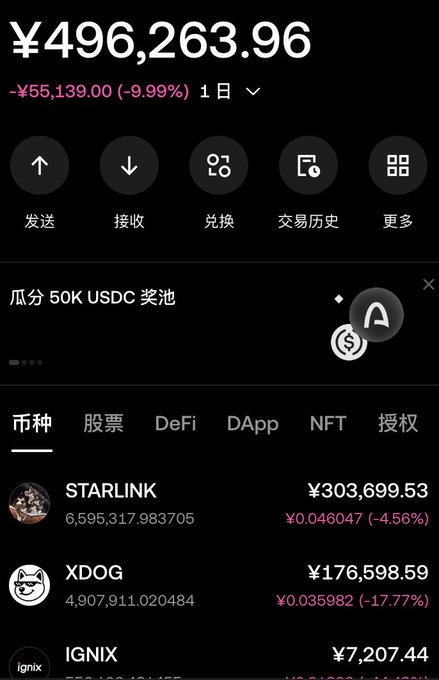 The image shows a cryptocurrency wallet displaying a balance of ¥496,263.96, down ¥55,139.00 (-9.99%) in one day, with holdings including STARLINK (¥303,699.53, down 4.56%), XDOG (¥176,598.59, down 17.77%), and IGNIX (¥7,207.44). The portfolio appears to illustrate the losses and volatility being faced by the user, likely "Bird Bro," which contextualizes the post's defense of X Layer, STARLINK, and OKX founder Star against mockery by highlighting the financial risks already being endured.