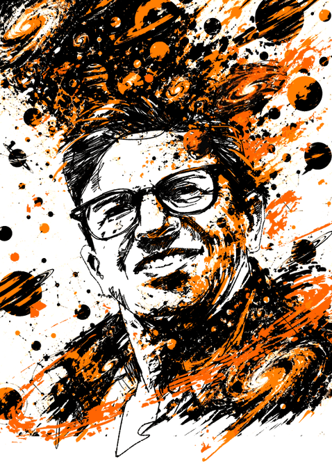 A stylized black, white, and orange ink-splatter illustration portrait of a man wearing glasses, surrounded by cosmic planetary elements.