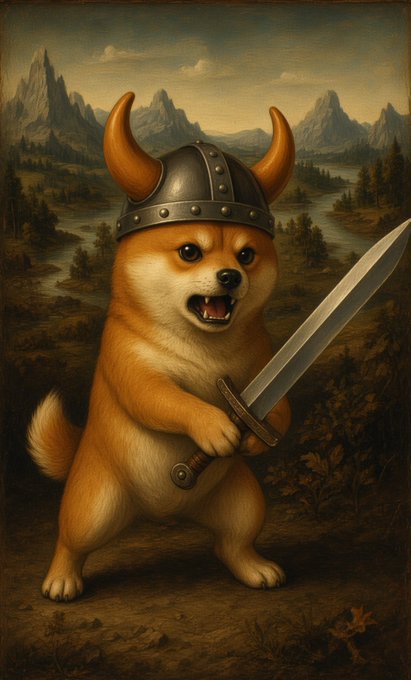 Stylized painting of a Shiba Inu dog wearing a horned Viking helmet and wielding a large sword, standing in a renaissance-style landscape with mountains.